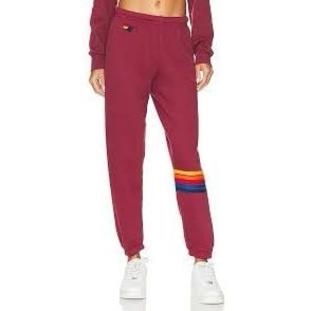 Aviator Nation 5 Stripe Sweatpants Burgundy Rainbow Joggers XS Rare